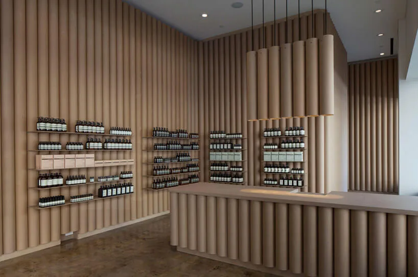 Brooks + Scarpa line interior of Aesop DTLA shop with cardboard tubes — Designboom